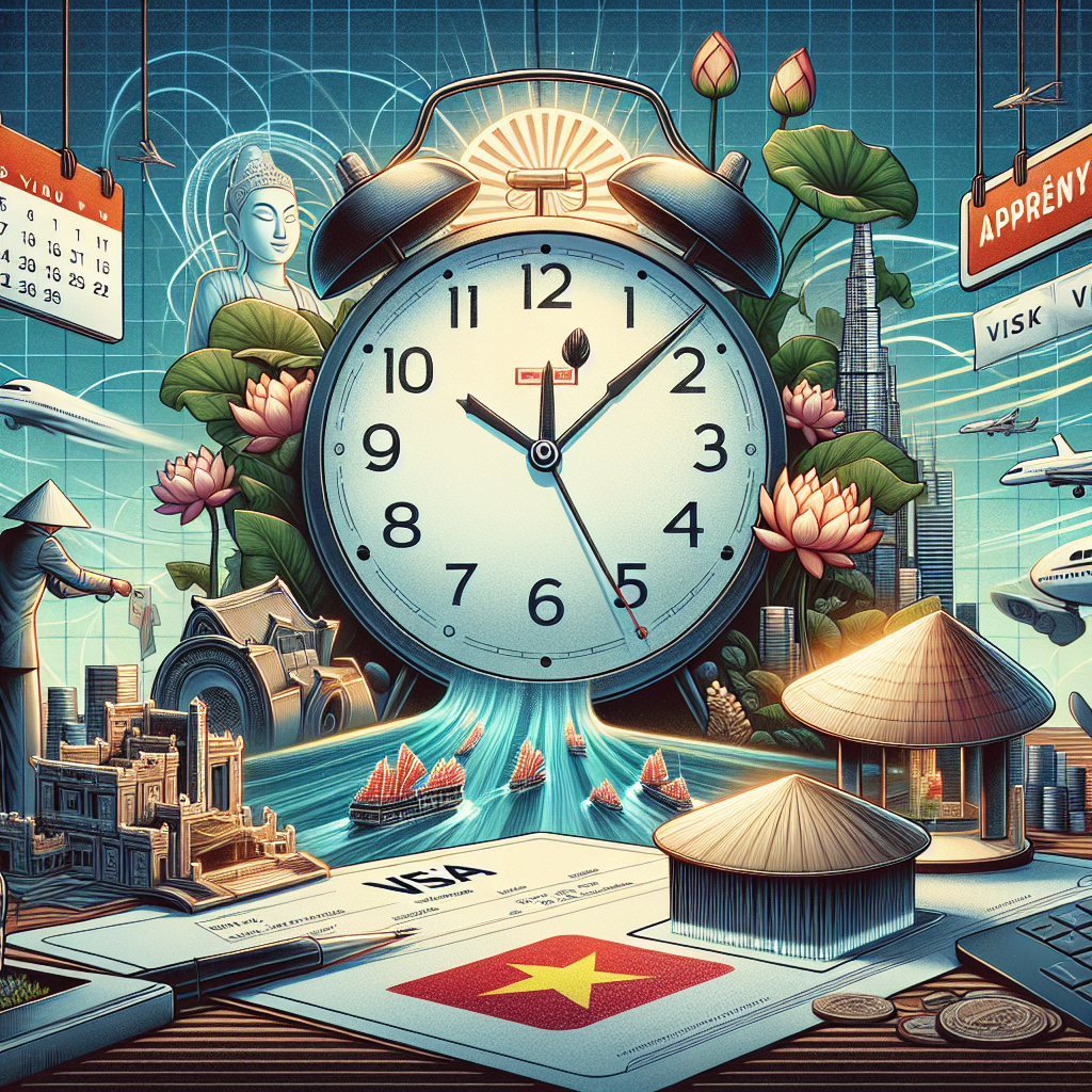 Illustration of a large clock with Vietnamese cultural and travel icons, symbolizing urgent emergency visa approval.