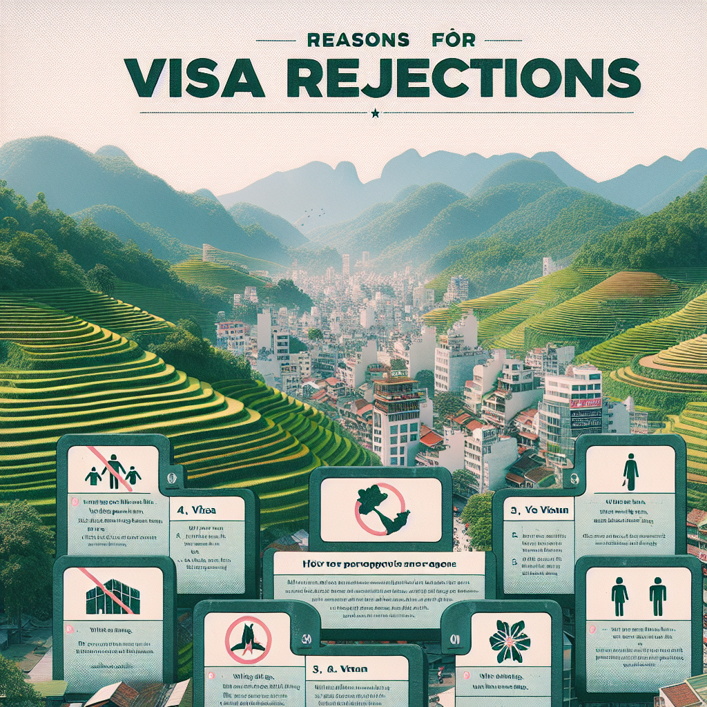 Infographic showing top Vietnam visa rejection reasons with terraced fields and cityscape in the background.