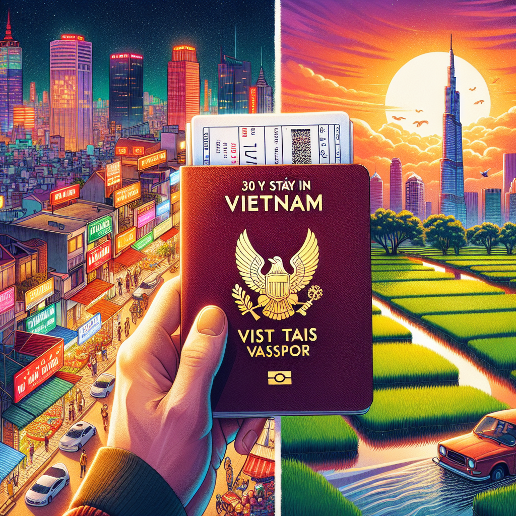 Hand holding Vietnam 30 day visa passport with cityscape and countryside sunset backgrounds.