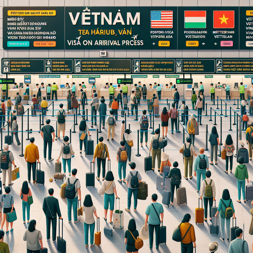 Crowded airport immigration area with travelers waiting in line for Vietnam visa on arrival processing.