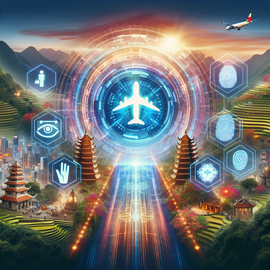 Futuristic aviation technology with digital interface and airplane flying over a scenic landscape, symbolizing Vietnam entry