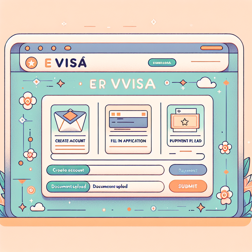 Illustration of Vietnam evisa portal showing steps to create account, fill application, and submit payment online for e-visa.