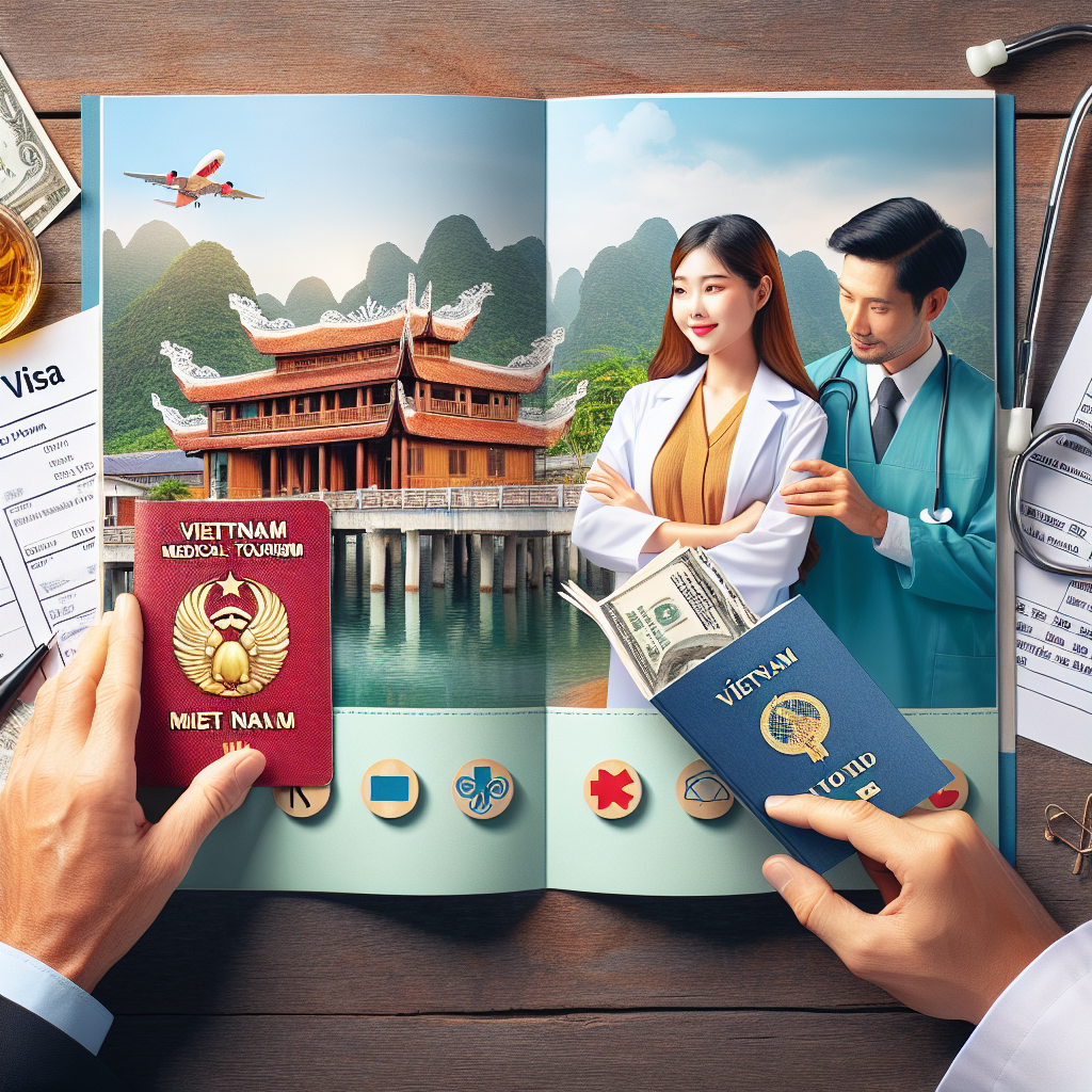 Passports, money, and healthcare professionals symbolize Vietnam medical tourism visa and application process.