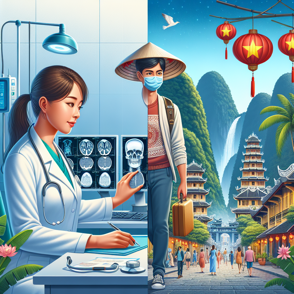 Female doctor reviews brain scans while a masked traveler stands before Vietnam lanterns and pagodas, symbolizing medical vis