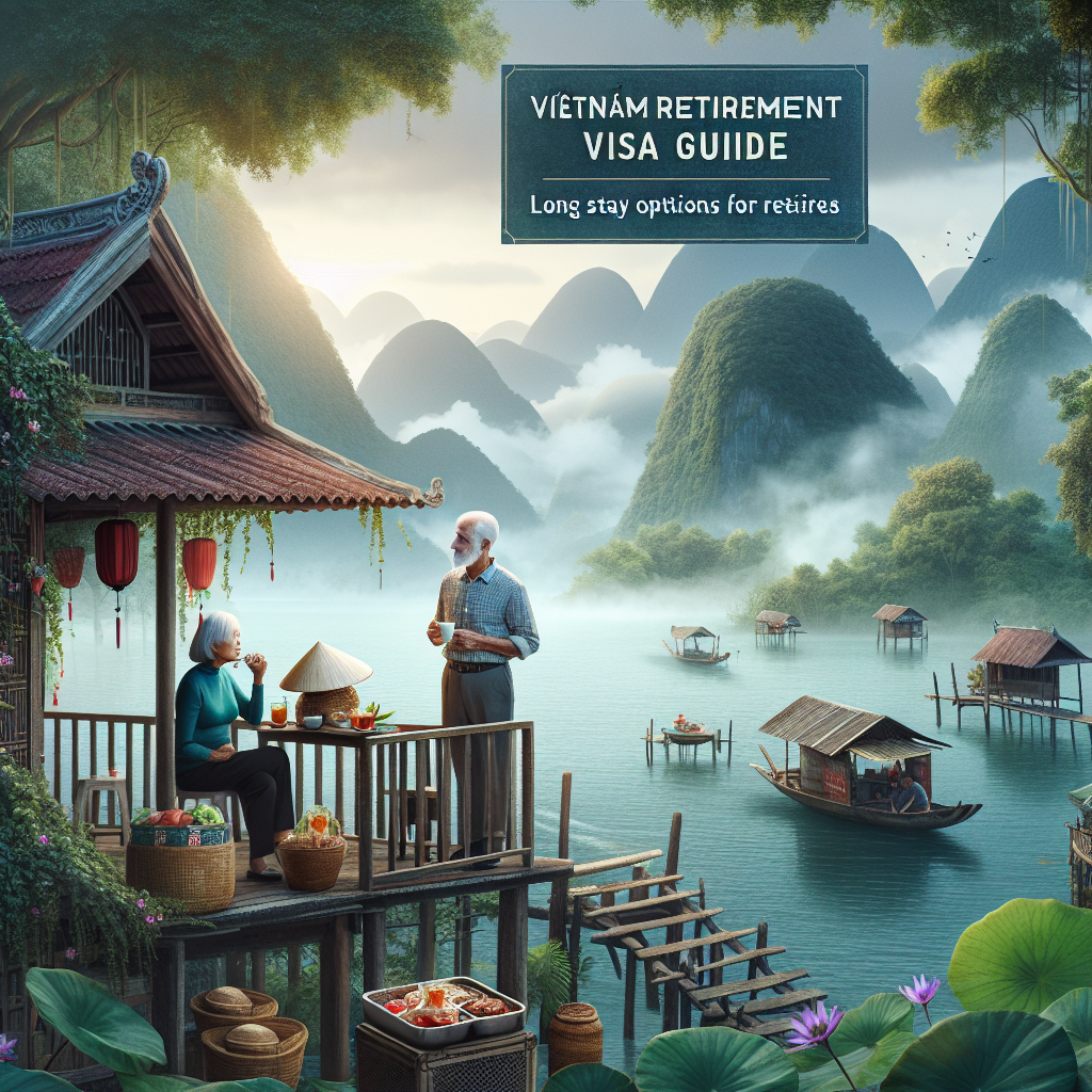 Elderly couple by a riverside village with boats and lush mountains, symbolizing Vietnam retirement visa options.