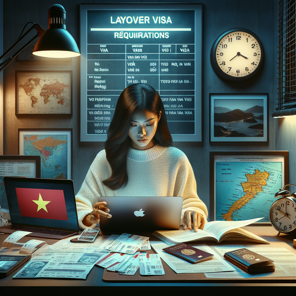 Young woman at desk researching Vietnam transit visa requirements with travel documents and maps.