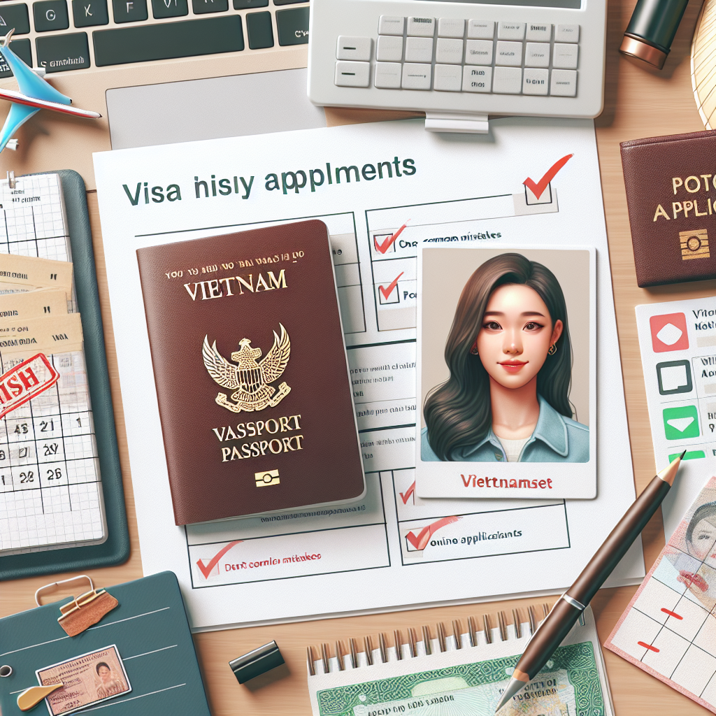 Vietnam passport and visa application documents with a female photo on a desk, highlighting common visa mistakes to avoid.