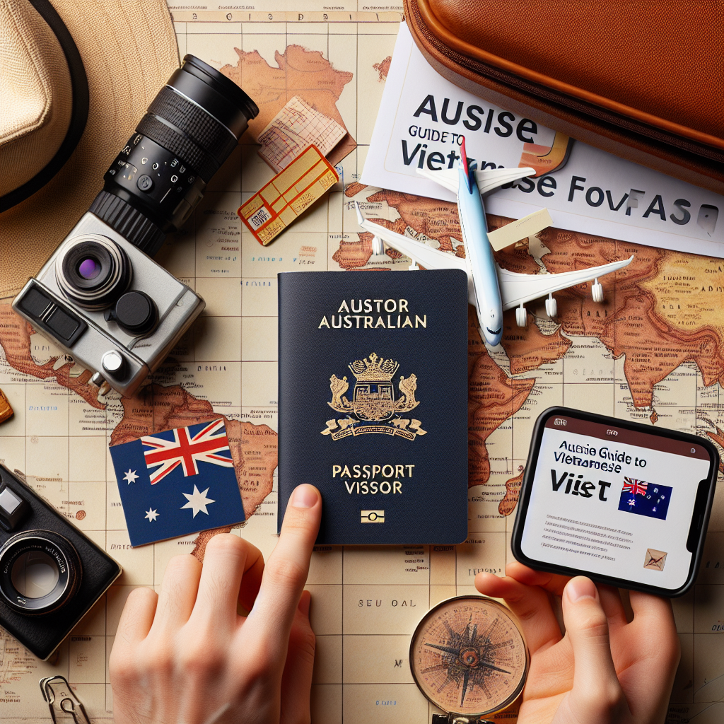 Flat lay of Australian passport, cameras, guidebooks, and map for a Vietnam trip, illustrating visa and travel essentials.