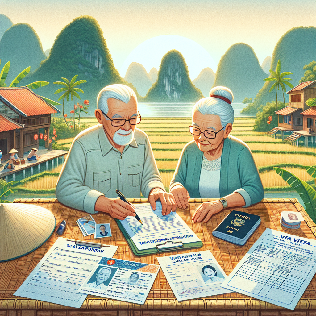 Elderly couple organizing Vietnam visa documents with a scenic rural landscape in the background.
