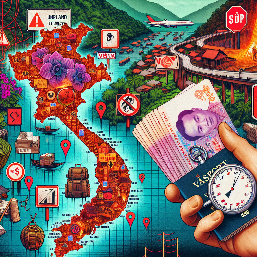 Illustration of Vietnam travel with a passport, Vietnamese currency, landmarks, and travel icons representing visa overstay p