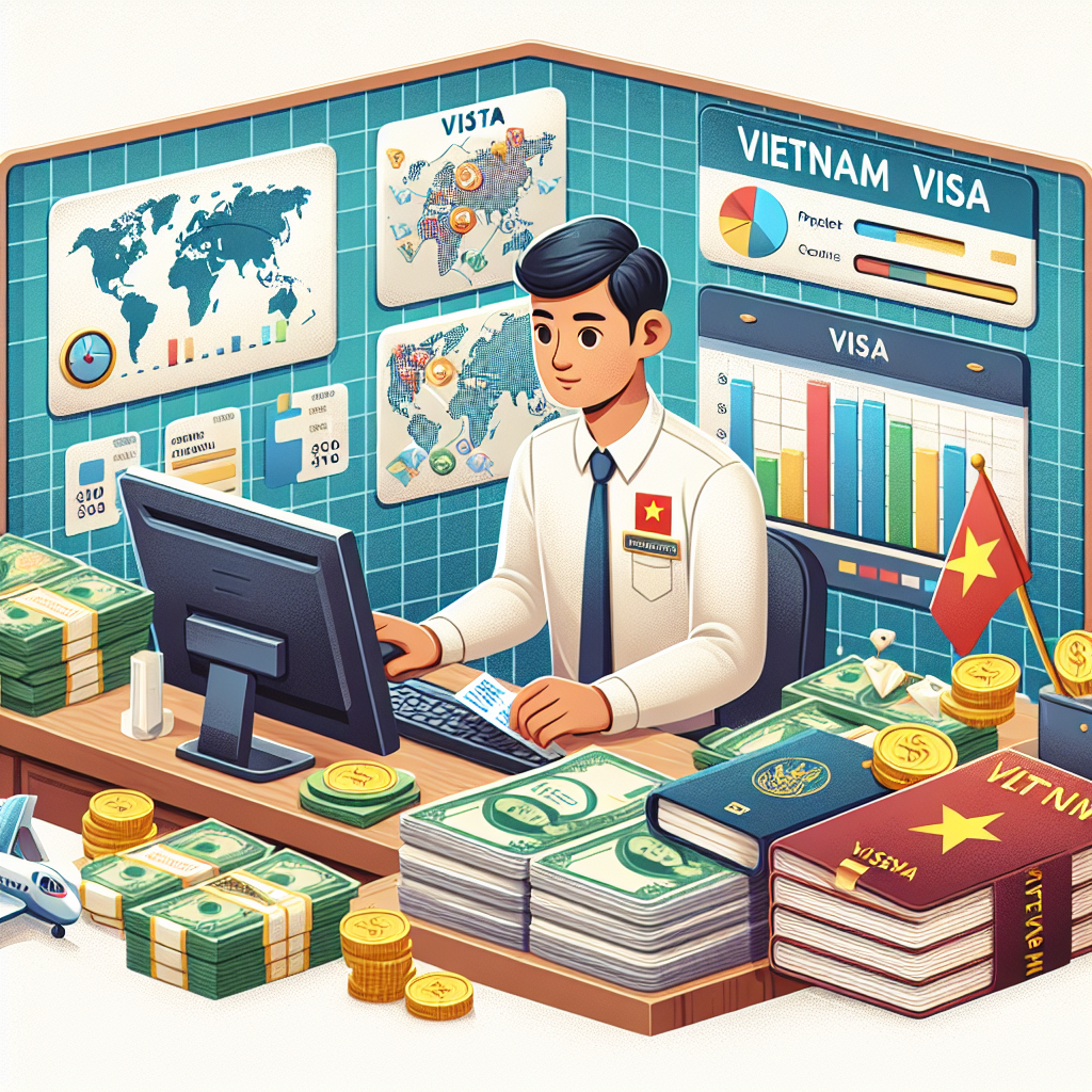 Illustration of Vietnam visa officer reviewing visa applications with maps, charts, and currency symbols in the background.
